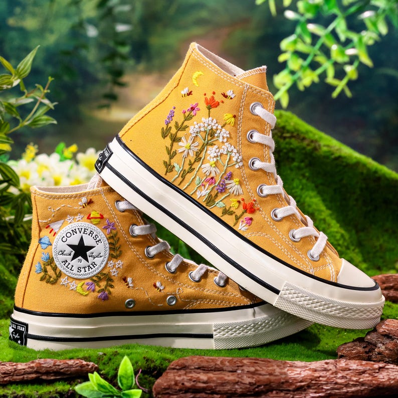 Embroidered Yellow Converse,Custom High Tops Embroidered Tiny Wildflower Garden, Flower Embroidered Converse Shoes,Floral Embroidery Sneaker