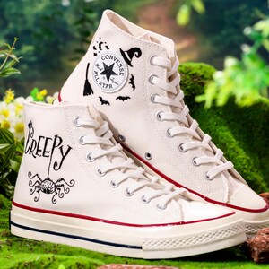 Embroidered Converser, Pumpkins and Ghosts Embroidery Shoes, Halloween Vibes Embroidered Sneakers, Embroidered Wedding Reception Shoes