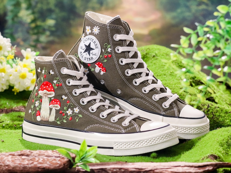 Custom Converse Chuck Taylor Mushrooms Embroidered Converse Shoes, Mushrooms Embroidered Sneakers Custom, Embroidered Mushrooms Converse