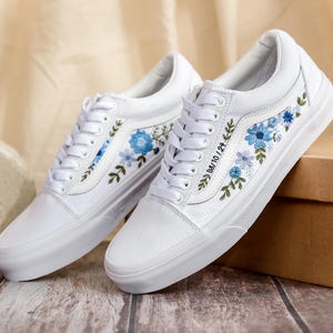 Bridal Flowers Embroidered Vans Wedding for Bride, Custom Vans Embroidery Floral Blue Embroidered Vans Slip On, Wedding Sneake, Gift For Her