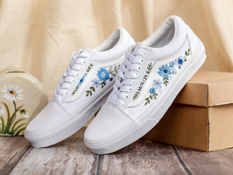 Bridal Flowers Embroidered Vans Wedding for Bride, Custom Vans Embroidery Floral Blue Embroidered Vans Slip On, Wedding Sneake, Gift For Her
