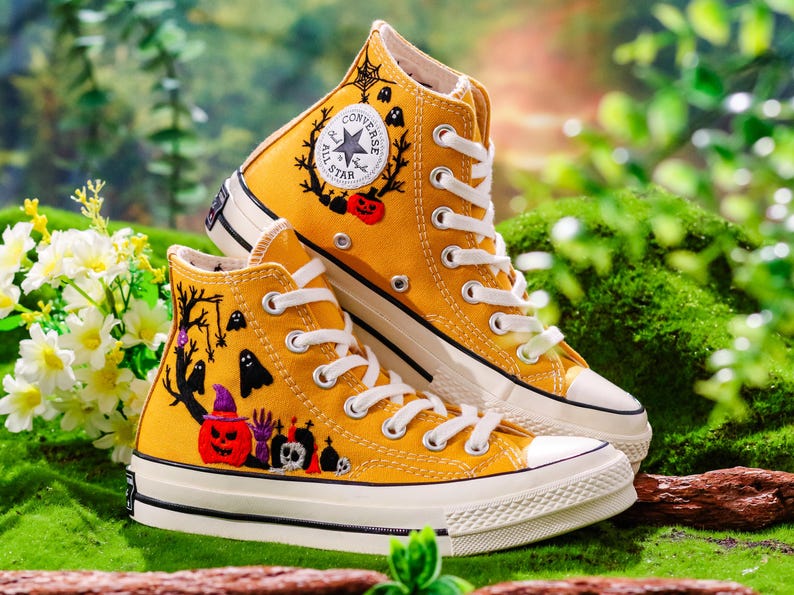 Halloween Embroidered Converse Custom, Pumpkin, Ghost Embroidered Shoes, Halloween Vibes Embroidery Sneakers, Halloween Embroidery Designs