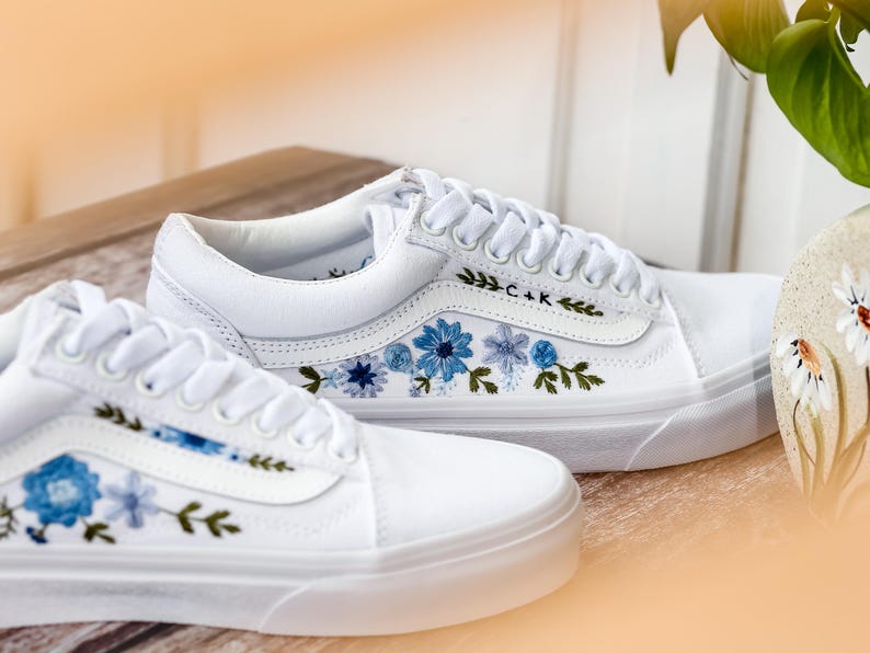 Custom Wedding Vans, Blue Flowers Embroidered Shoes for Bride, Floral Embroidered Vans, Custom Sneakers Embroidery Flowers, Wedding Gifts