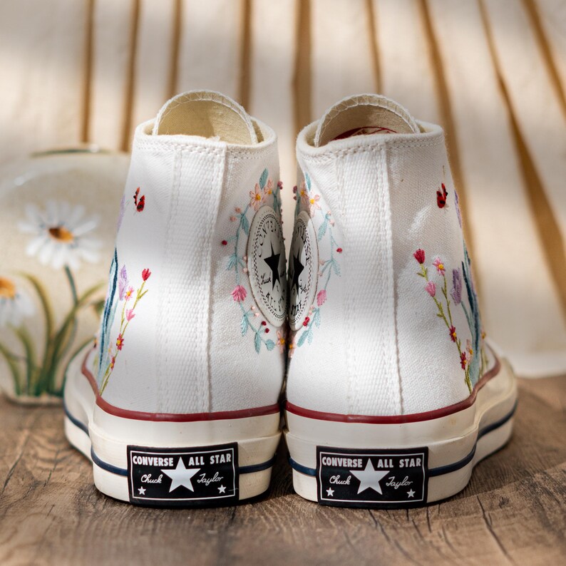 Customized Converse Shoes, Embroidered Converse Chuck 70 High Tops, Sneakers Embroidery Tulip And Butterfly, Custom Bride Shoes, Women Gift