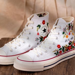 Christmas Embroidered Converse Shoes, Poinsettia Floral Design & Merry Christmas Embroidery Sneakers, Unique Holiday Gift Idea