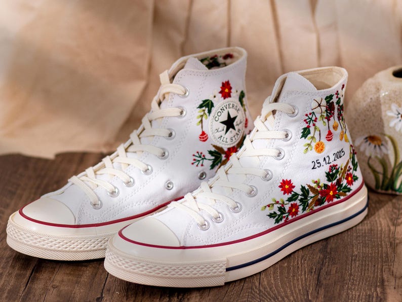 Christmas Embroidered Converse Shoes, Poinsettia Floral Design & Merry Christmas Embroidery Sneakers, Unique Holiday Gift Idea