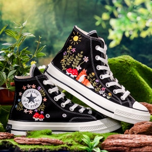 Embroidered Converse, Mushroom and Fox Embroidered Shoes Custom, Embroidered Converse High Tops Pet Mushroom and Sweet Sunflower Garden