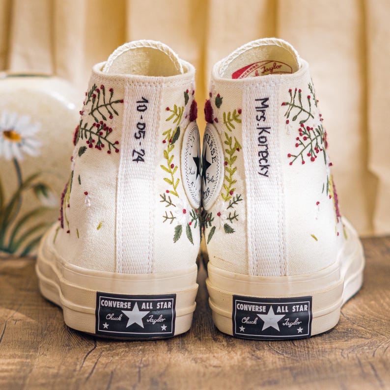 Custom Embroidered Converse Chuck Taylor High Top Womens, Converse Embroidery Floral & Leaf, Sneakers Embroidered Romantic Style, Bride Gift