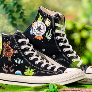 Embroidered Converse Ocean, Octopus Embroidered Shoes Custom, Converse Embroidery Turtle and Octopus, Ocean Embroidered Sneaker, Diver Gifts