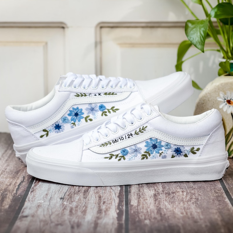 Custom Wedding Vans, Blue Flowers Embroidered Shoes for Bride, Floral Embroidered Vans, Custom Sneakers Embroidery Flowers, Wedding Gifts