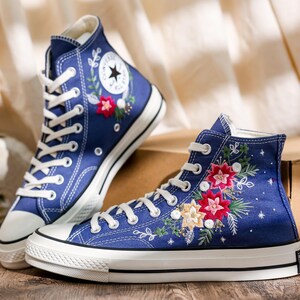 Embroidered Converse, Converse Embroidery Poinsettia Flowers, Christmas Embroidered Shoes, Snowflakes Embroidery Sneakers, Christmas Gifts