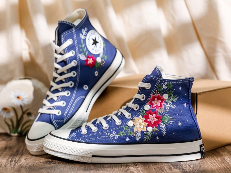 Embroidered Converse, Converse Embroidery Poinsettia Flowers, Christmas Embroidered Shoes, Snowflakes Embroidery Sneakers, Christmas Gifts