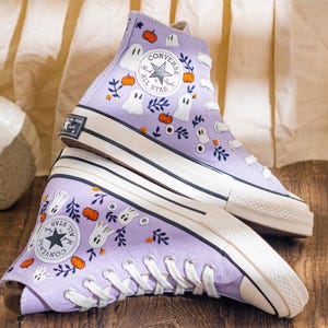 Custom Halloween Embroidered Converse High Top, Purple Converse Embroidery With Ghost & Pumpkin, Unique Embroidered Sneakers, Halloween Gift
