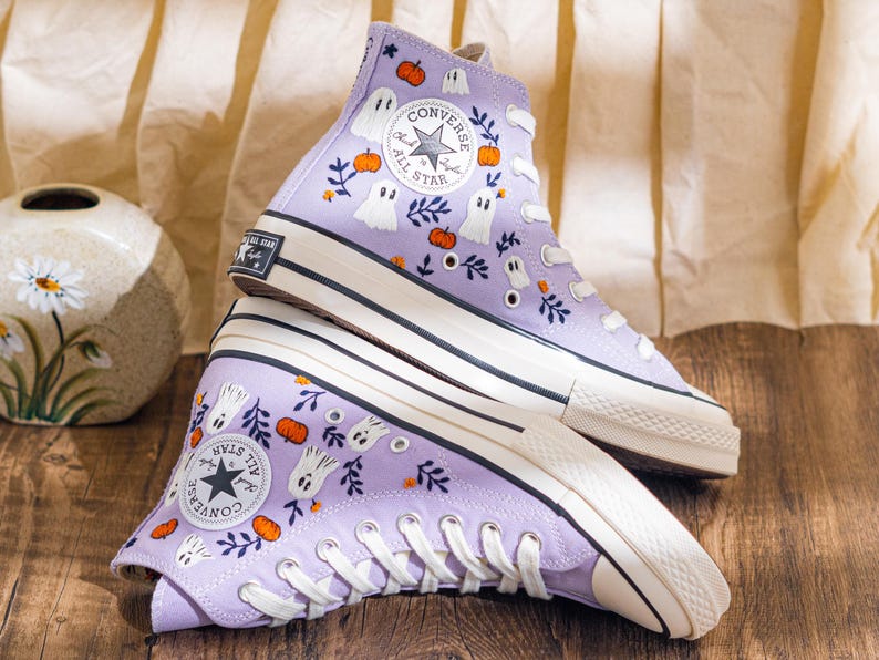 Custom Halloween Embroidered Converse High Top, Purple Converse Embroidery With Ghost & Pumpkin, Unique Embroidered Sneakers, Halloween Gift