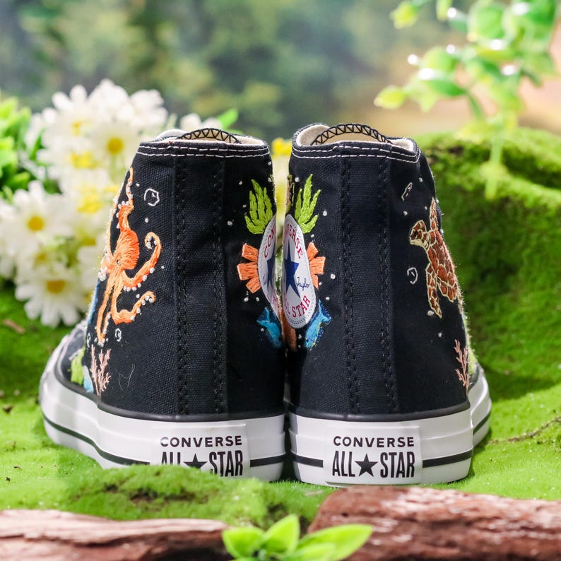 Custom Embroidered Converse, Octopus and Sea Turtle Embroidered Shoes Custom, Ocean and Coral, Fish Embroidered Sneakers Custom, Diver Gifts