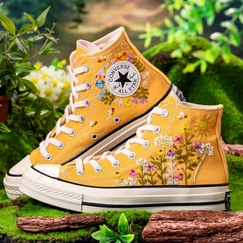Embroidered Yellow Converse,Custom High Tops Embroidered Tiny Wildflower Garden, Flower Embroidered Converse Shoes,Floral Embroidery Sneaker