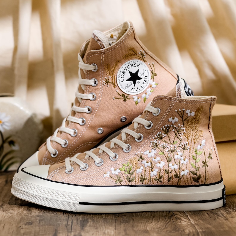 Embroidered Converse Custom, Wildflowers Embroidered Shoes, Chrysanthemum Embroidered Sneakers, Brown Converse Embroidery Flower for Her