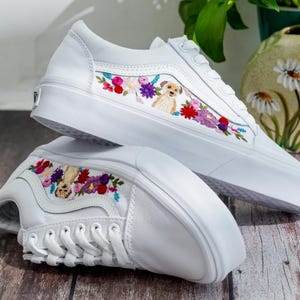 Custom Embroidered Vans Old Shool, Pet Embroidered Wedding Vans, Flowers and Dog Embroidered Shoes Custom, Personalized Bridal Sneakers