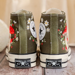 Mushrooms Embroidered Converse High Tops Custom, Strawberry, Mushrooms Embroidered Shoes, Sneakers Embroidery Mushroom, Strawberry for Women