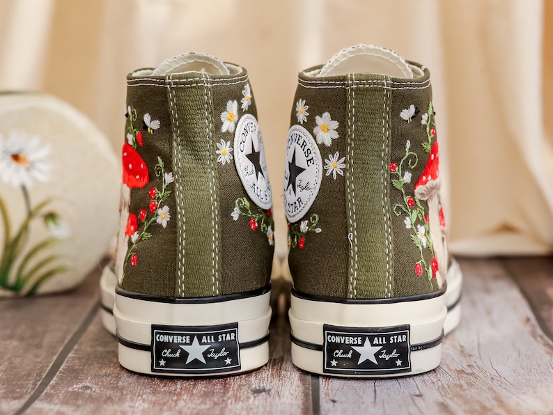 Mushrooms Embroidered Converse High Tops Custom, Strawberry, Mushrooms Embroidered Shoes, Sneakers Embroidery Mushroom, Strawberry for Women