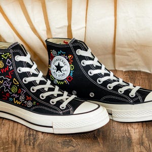 Custom Embroidered Converse Chuck Taylor High Tops 90S Style, Black Converse Embroidery Memphis, Abstract Embroidered Sneakers, Unique Gifts