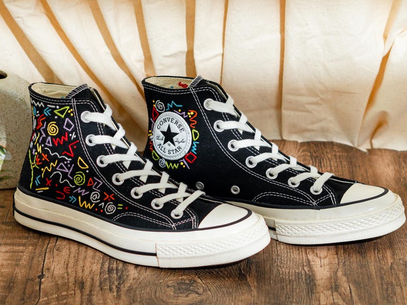 Custom Embroidered Converse Chuck Taylor High Tops 90S Style, Black Converse Embroidery Memphis, Abstract Embroidered Sneakers, Unique Gifts