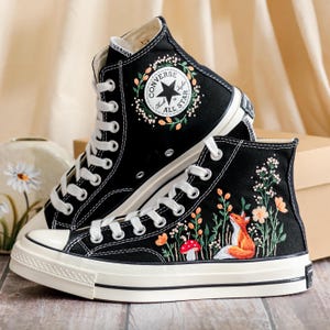 Custom Embroidered Converse High Tops 1970s, Fox Embroidered Converse Shoes, Fox and Flowers Embroidered Sneakers, Funny Halloween Gifts