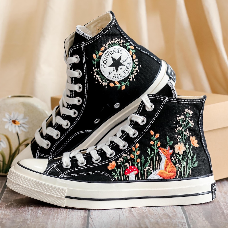 Custom Embroidered Converse High Tops 1970s, Fox Embroidered Converse Shoes, Fox and Flowers Embroidered Sneakers, Funny Halloween Gifts