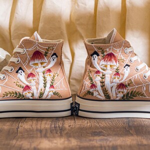 Custom Halloween Embroidered Converse High Tops, Brown Converse Embroidery With Ghost And Mushroom, Unique Custom Sneakers, Halloween Gifts