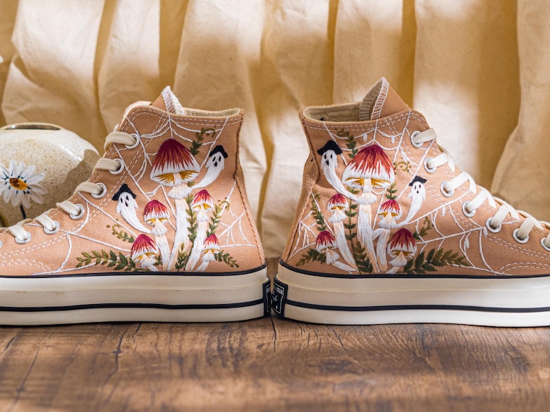 Custom Halloween Embroidered Converse High Tops, Brown Converse Embroidery With Ghost And Mushroom, Unique Custom Sneakers, Halloween Gifts