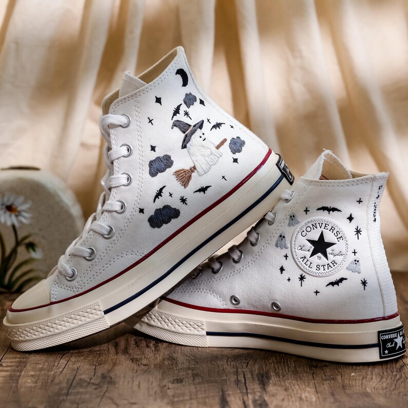 Embroidered Converse High Tops, Ghost Embroidered Shoes Custom, Halloween Embroidered Sneakers, Converse Embroidery Ghost, Halloween Gifts