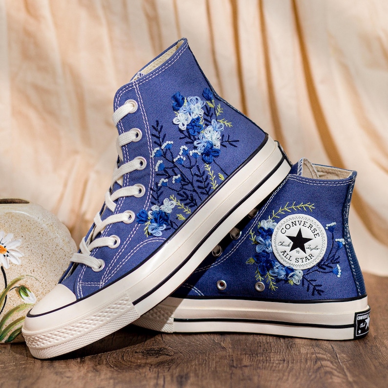 Blue Converse Chuck Taylor 1970s: Custom Floral Embroidered Bridal Sneakers