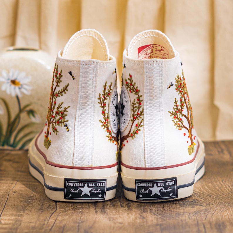 Custom Embroidered Converse Chuck Taylor High Top, Sneaker Embroidery Autumn Forest Tree Theme, Converse Shoes Embroidered Nature, Gift Idea