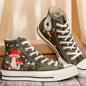 Customized Converse Embroidered Shoes, Mushrooms Embroidered Sneakers Women, Gardens Mushrooms, Strawberry Embroidered Converse Chuck Taylor