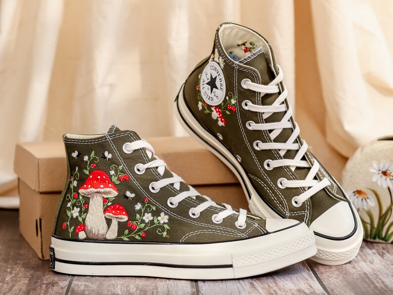 Customized Converse Embroidered Shoes, Mushrooms Embroidered Sneakers Women, Gardens Mushrooms, Strawberry Embroidered Converse Chuck Taylor