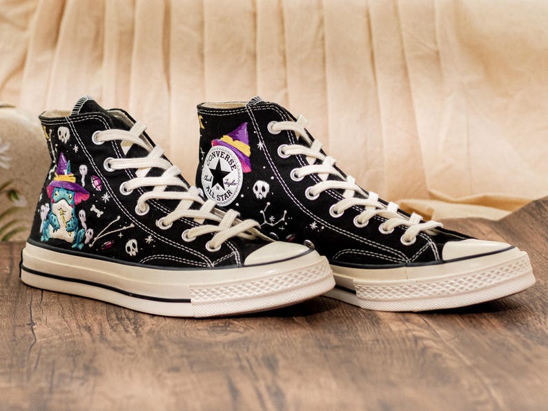 Frog Witch Embroidered Sneakers, Gothic Spooky Cute Converse Halloween Aesthetic