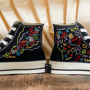 Custom Embroidered Converse Chuck Taylor High Tops 90S Style, Black Converse Embroidery Memphis, Abstract Embroidered Sneakers, Unique Gifts