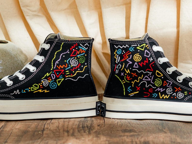 Custom Embroidered Converse Chuck Taylor High Tops 90S Style, Black Converse Embroidery Memphis, Abstract Embroidered Sneakers, Unique Gifts