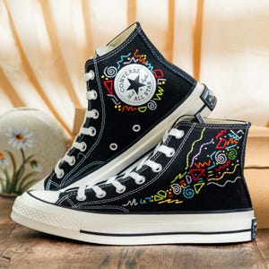 Custom Embroidered Converse Chuck Taylor High Tops 90S Style, Black Converse Embroidery Memphis, Abstract Embroidered Sneakers, Unique Gifts
