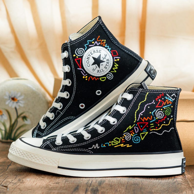 Custom Embroidered Converse Chuck Taylor High Tops 90S Style, Black Converse Embroidery Memphis, Abstract Embroidered Sneakers, Unique Gifts