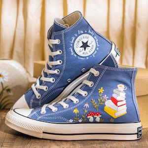Custom Embroidered Converse Chuck 70 High Top, Denim Blue Converse Embroidery With Book And Mushroom, Hand Embroidered Sneakers, Unique Gift