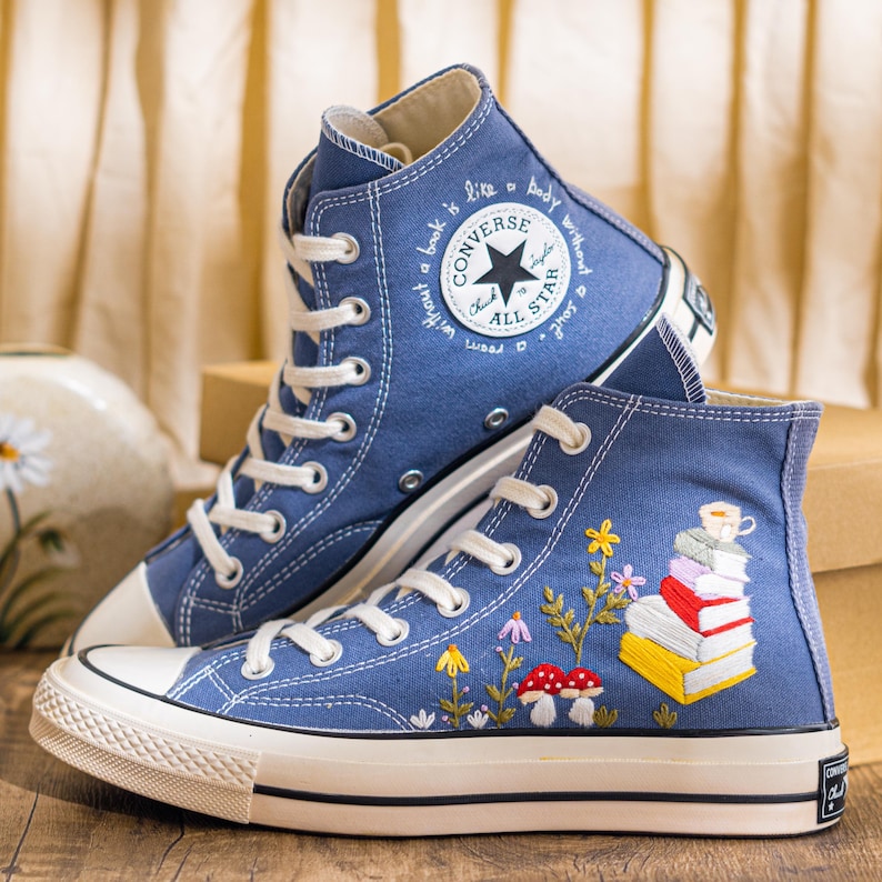 Custom Embroidered Converse Chuck 70 High Top, Denim Blue Converse Embroidery With Book And Mushroom, Hand Embroidered Sneakers, Unique Gift
