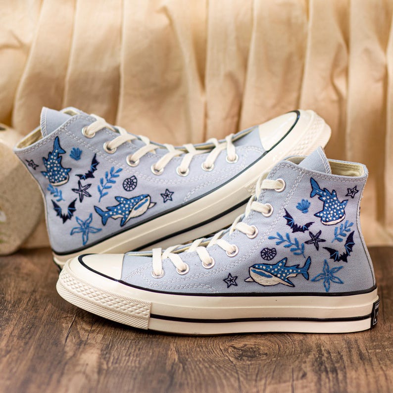 Custom Embroidered Converse Chuck Taylor, Sperm Whale Ocean Sneakers, Divers Gift, Beach Lovers Shoes, Coral Reefs