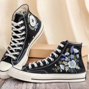 Custom Converse Embroidered, Flowers Embroidered Converse Women, Blue Flax and Flowers Embroidered Sneakers, Lavender Embroidered Sneakers