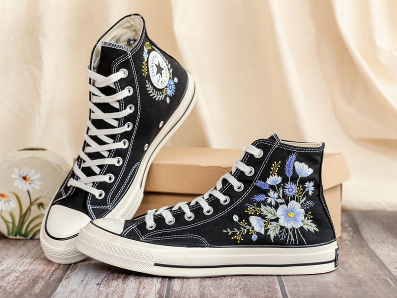 Custom Converse Embroidered, Flowers Embroidered Converse Women, Blue Flax and Flowers Embroidered Sneakers, Lavender Embroidered Sneakers