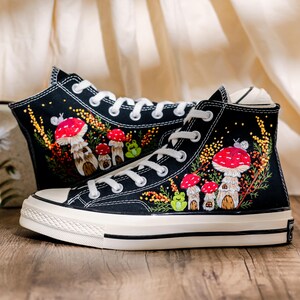 Mushroom Embroidered Converse High Tops, Mushrooms, Frog Embroidered Shoes, Converse Embroidery Mushroom, Embroidered Sneaker, Gift for Her
