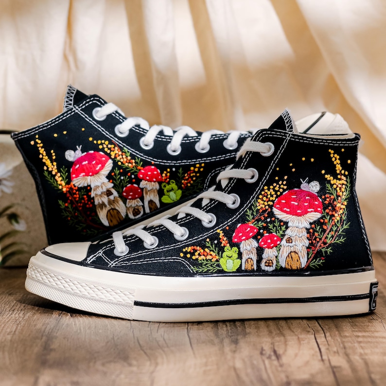 Mushroom Embroidered Converse High Tops, Mushrooms, Frog Embroidered Shoes, Converse Embroidery Mushroom, Embroidered Sneaker, Gift for Her