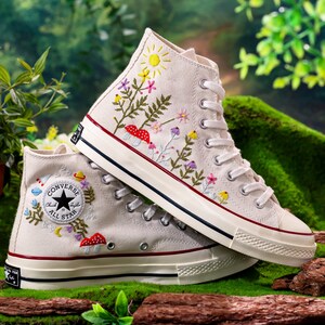 Custom Embroidered Converse High Tops, Graden Flower and Mushroom Embroidered Shoes, Floral Embroidered Sneakers Custom, Gift for Her