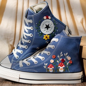 Mushroom Embroidered Converse High Top, Denim Canvas Shoes Embroidery Floral, Custom Sneakers Embroidered, Unique Women Shoes, Birthday Gift