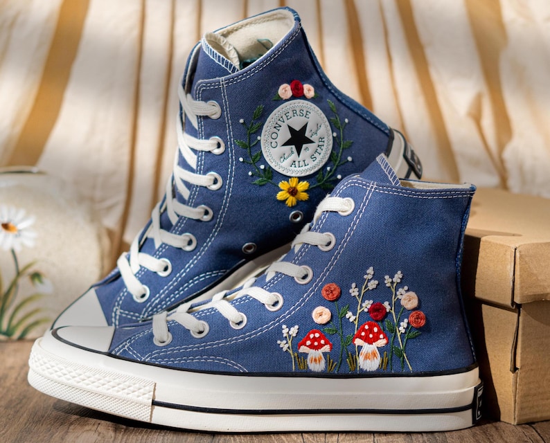 Mushroom Embroidered Converse High Top, Denim Canvas Shoes Embroidery Floral, Custom Sneakers Embroidered, Unique Women Shoes, Birthday Gift